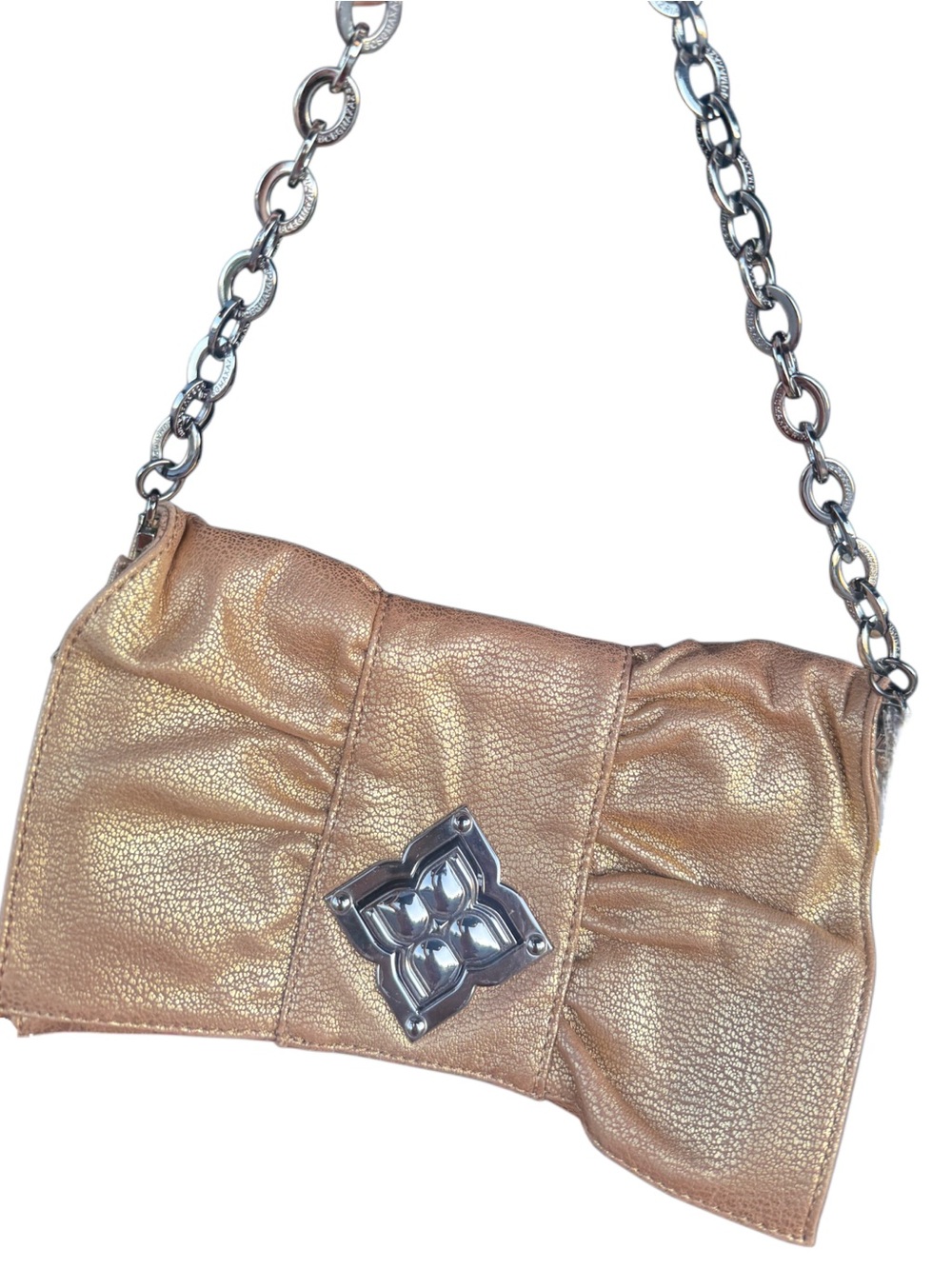 New BCBG Metallic Gold leather bow clutch Shoulder Bag with silver Chain Strap